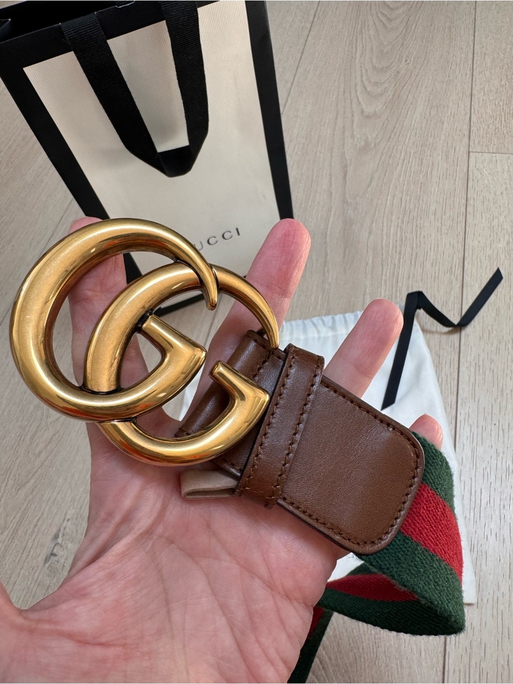 Gucci Brown Leather Belt with Green and Red Web and Gold Double G Buckle 85*34 - Picture 4 of 9